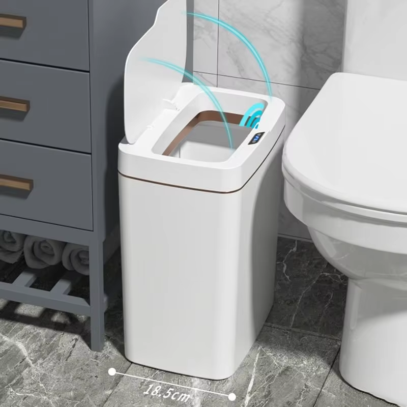 Home Bathroom Trash Can - 15L Schmaler Intelligenter Badezimmer-Mülleimer Weiß Berührungsloser