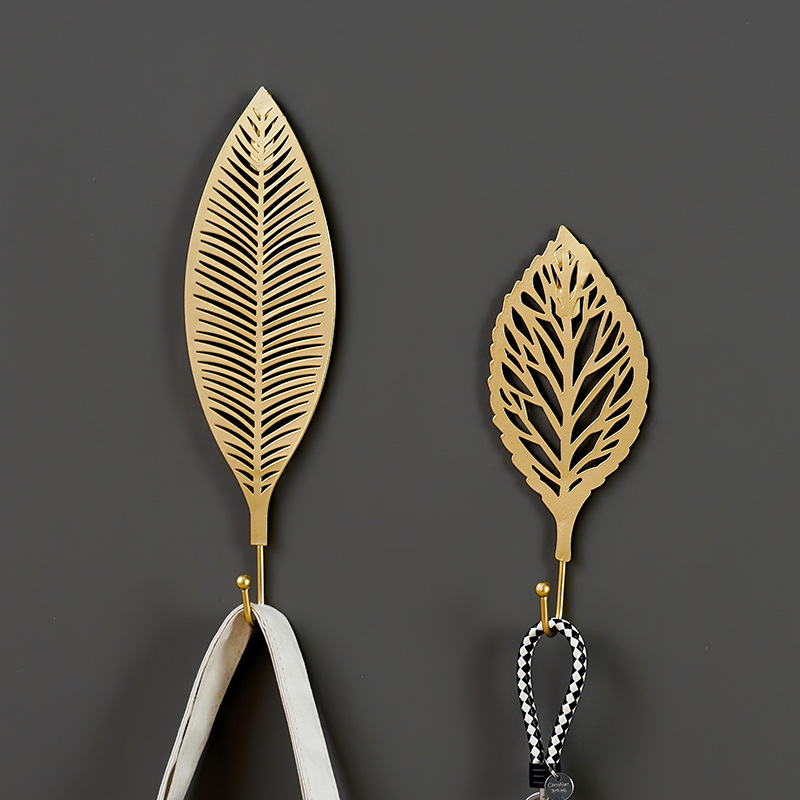 Home Bathroom Key - Nordischer Schmiedeeisen-Blatt-Haken, Gold, selbstklebender Wandhaken ohne