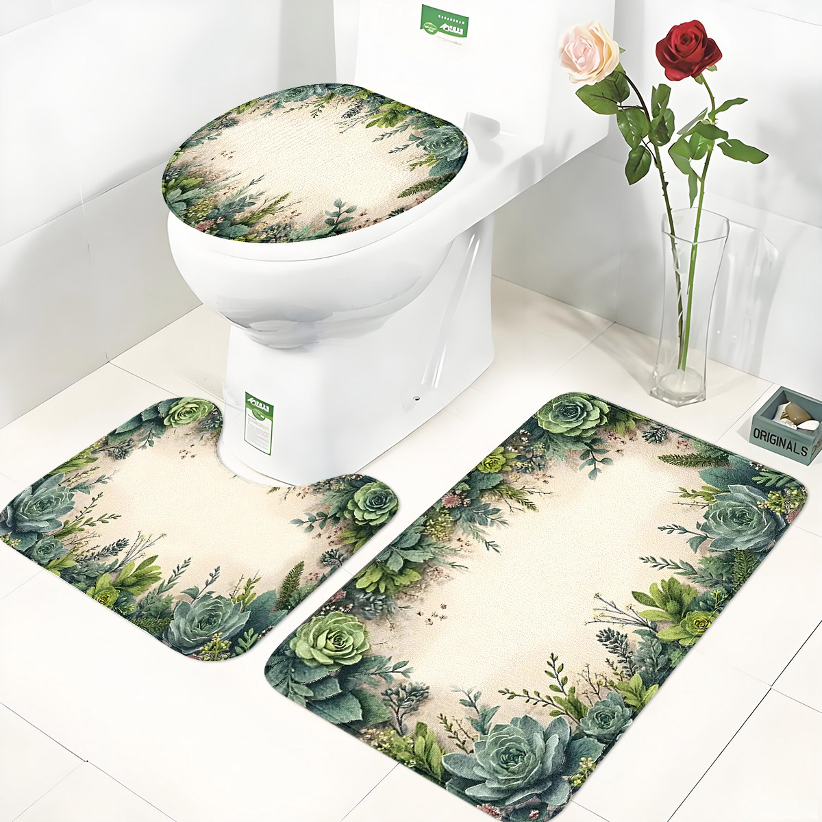 Zara Home Bathroom Rug - Retro Sukkulenten Badezimmer Dreiteiliges Set: Flanell-Toilettenmatte