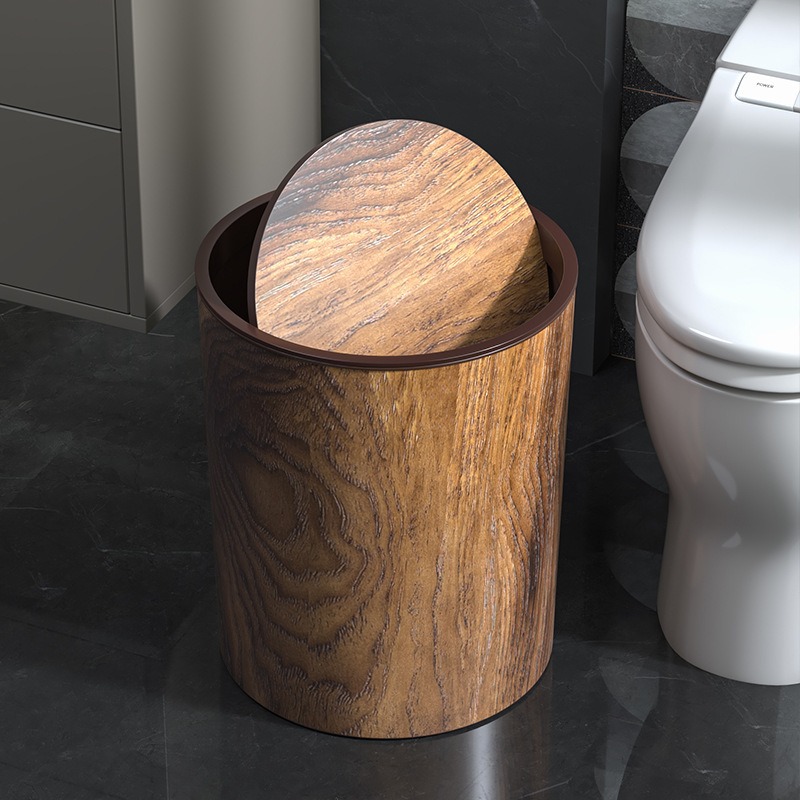 Home Bathroom Trash Can - Vintage-Mülleimer mit Holzmaserung, neues Leder für
